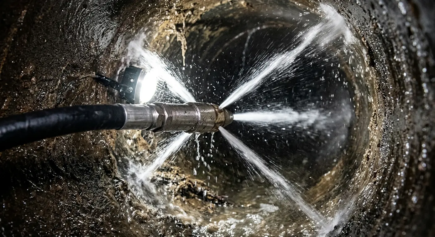 High-pressure hydro jetting nozzle cleaning sewer pipe for Sewer Cleanout in Guilderland