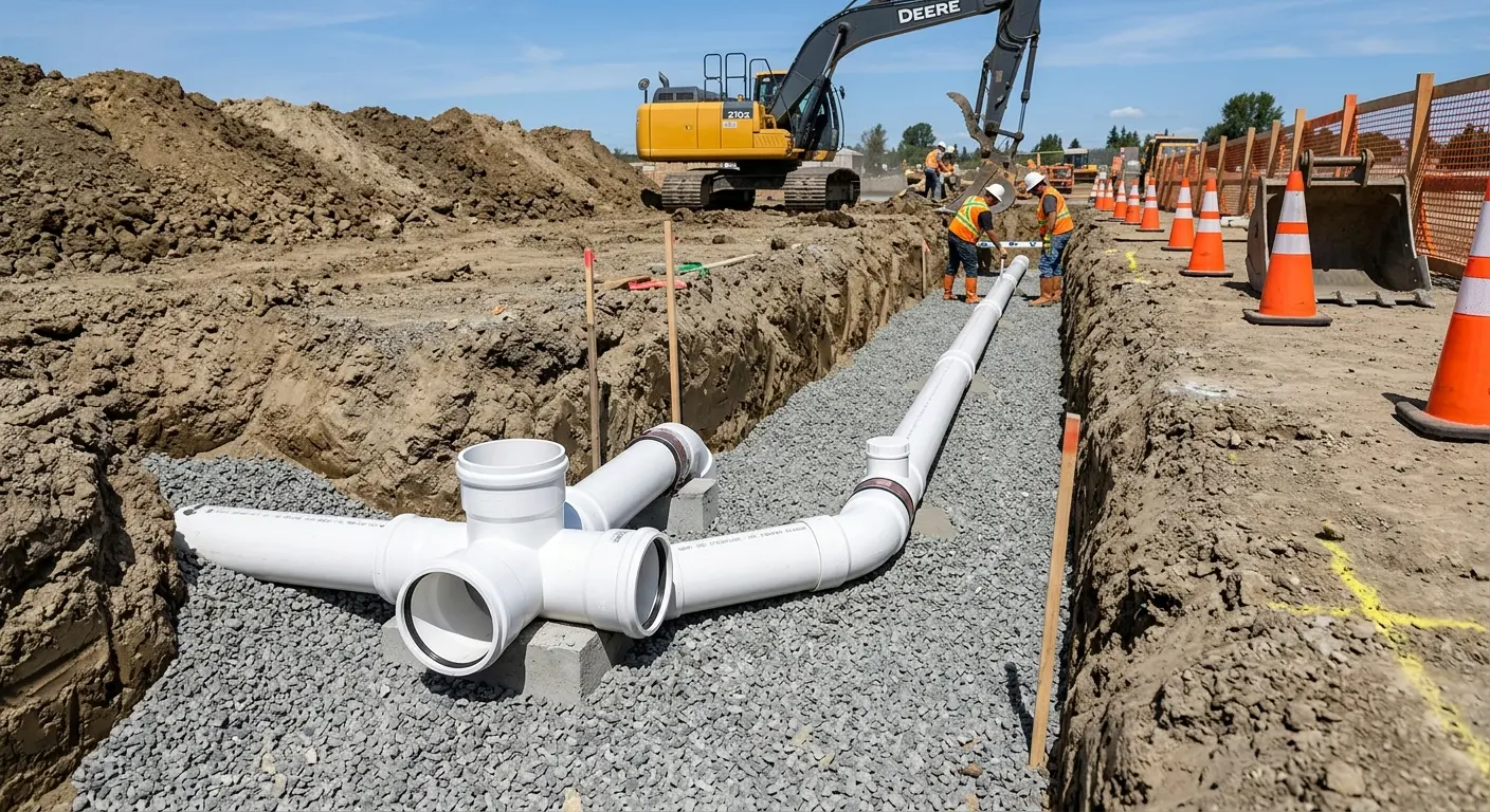 New PVC sewer pipe installation in open trench for Sewer Backup in Guilderland